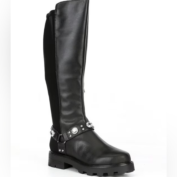 NEW KARL LAGERFELD MILLA LEATHER RHINESTONE EMBELLISHED KNEE HIGH BOOTS SZ 7.5 - Picture 1 of 16